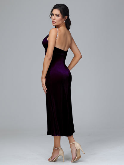 V Neck Spaghetti Straps Plus Size Velvet Bridesmaid Dress