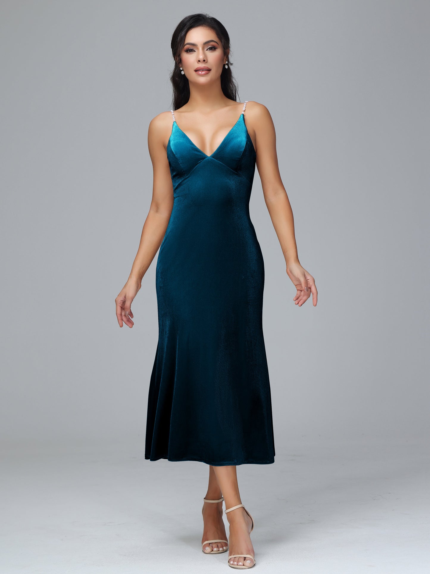 V Neck Spaghetti Straps Velvet Bridesmaid Dress