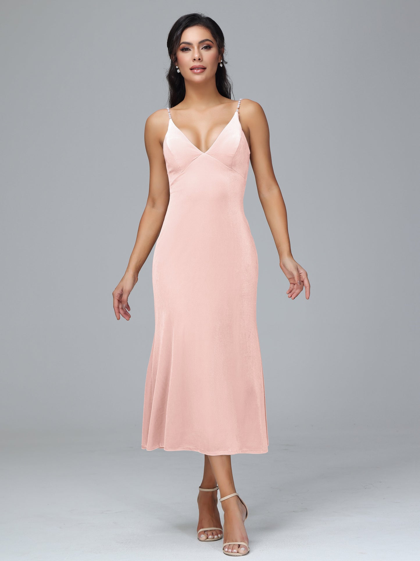 V Neck Spaghetti Straps Velvet Bridesmaid Dress