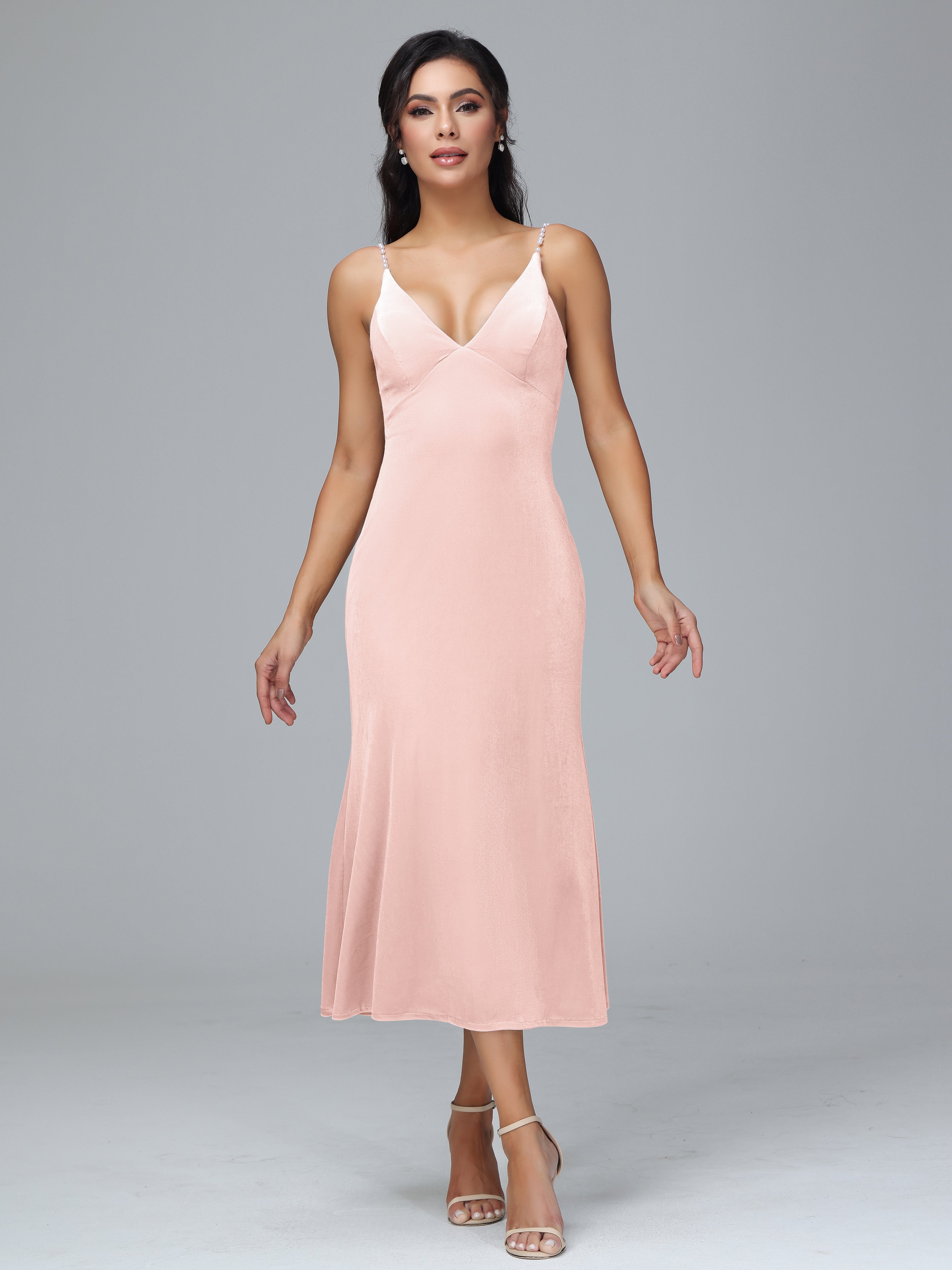 V Neck Spaghetti Straps Velvet Bridesmaid Dress