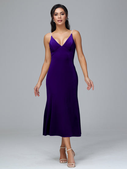 V Neck Spaghetti Straps Velvet Bridesmaid Dress