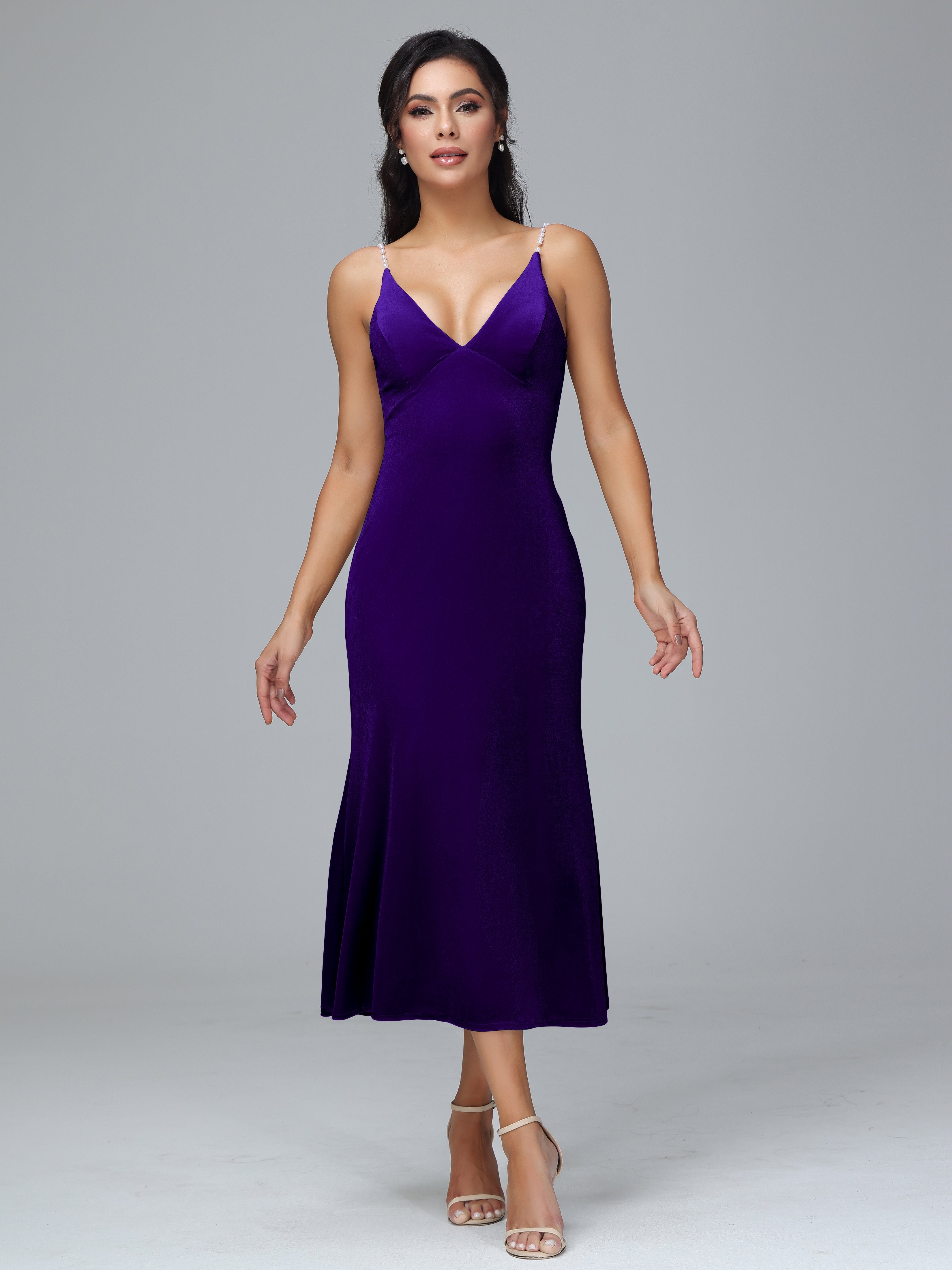 V Neck Spaghetti Straps Plus Size Velvet Bridesmaid Dress