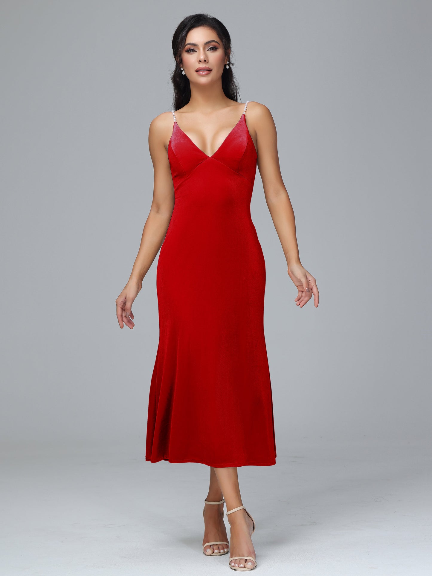 V Neck Spaghetti Straps Velvet Bridesmaid Dress