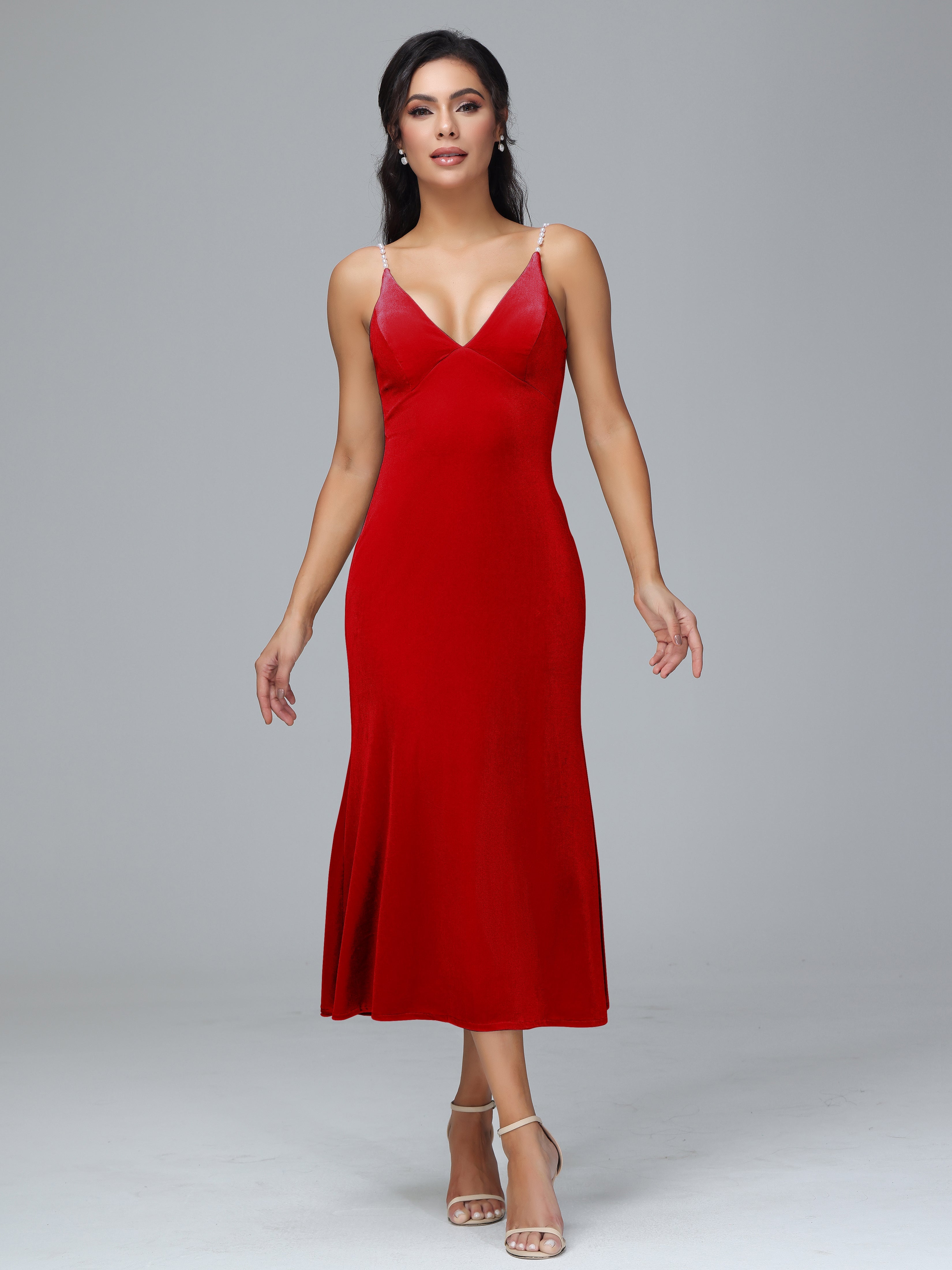 V Neck Spaghetti Straps Plus Size Velvet Bridesmaid Dress