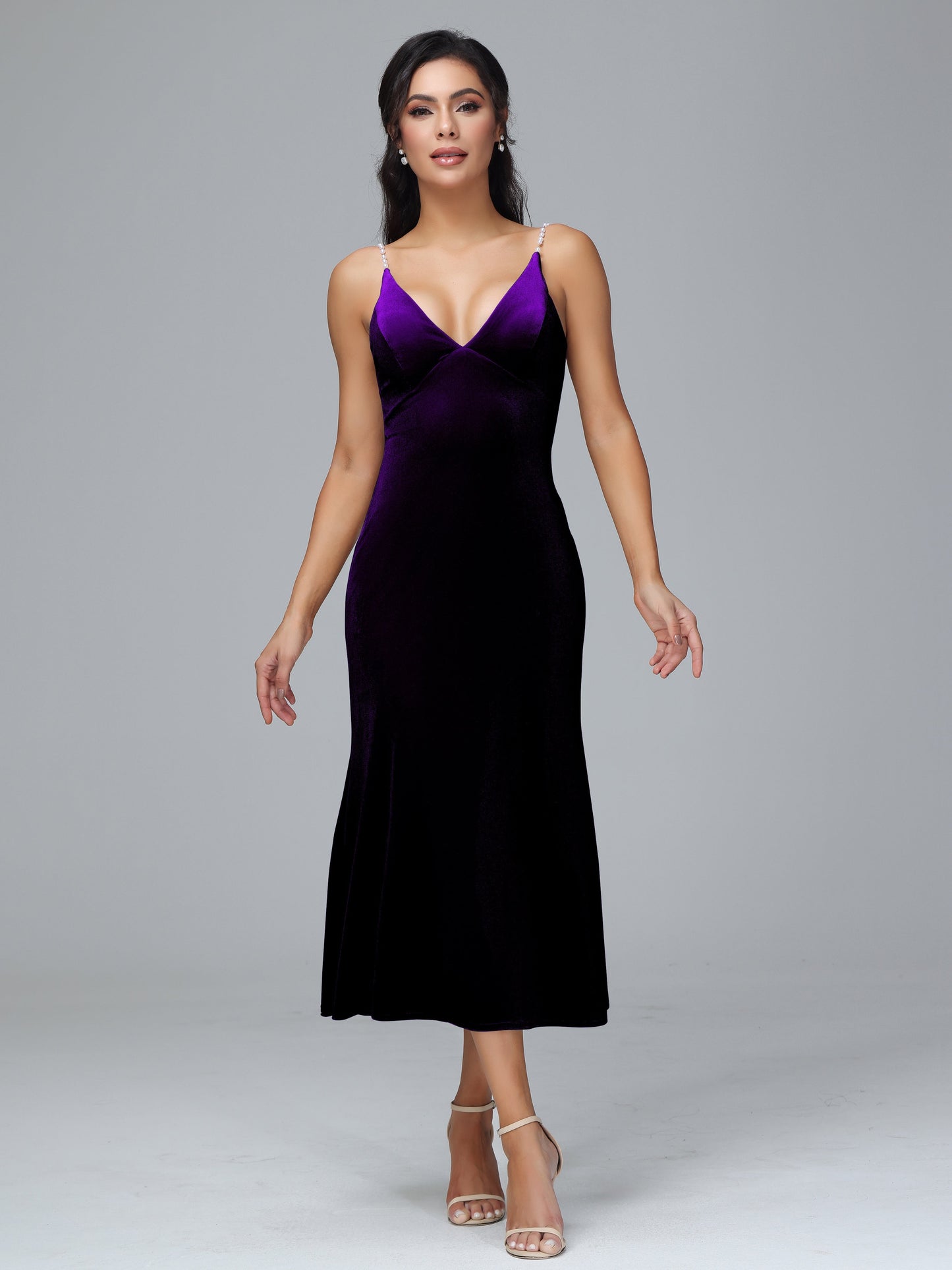 V Neck Spaghetti Straps Plus Size Velvet Bridesmaid Dress