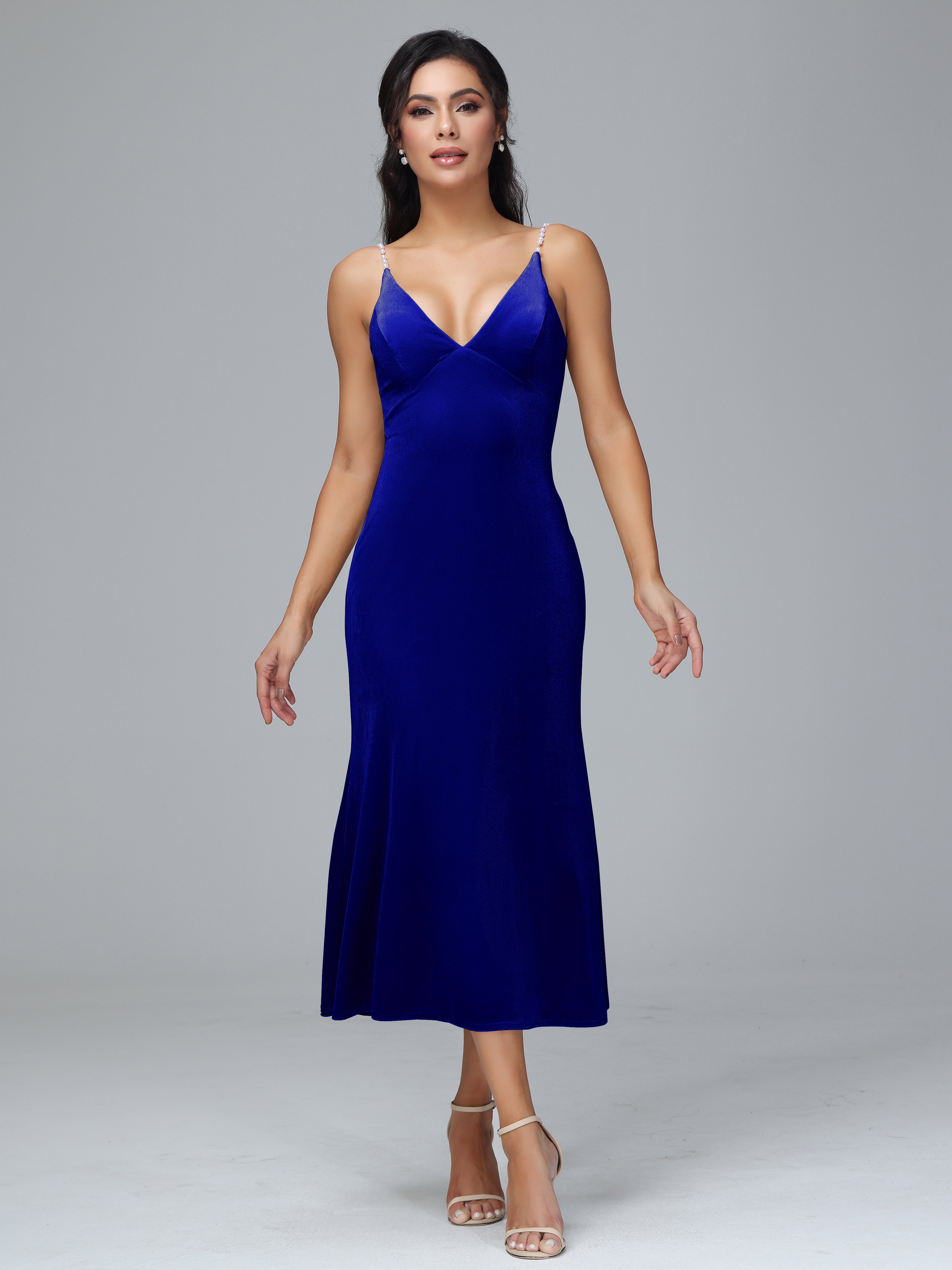 V Neck Spaghetti Straps Velvet Bridesmaid Dress