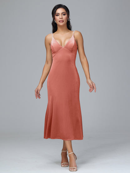 V Neck Spaghetti Straps Velvet Bridesmaid Dress