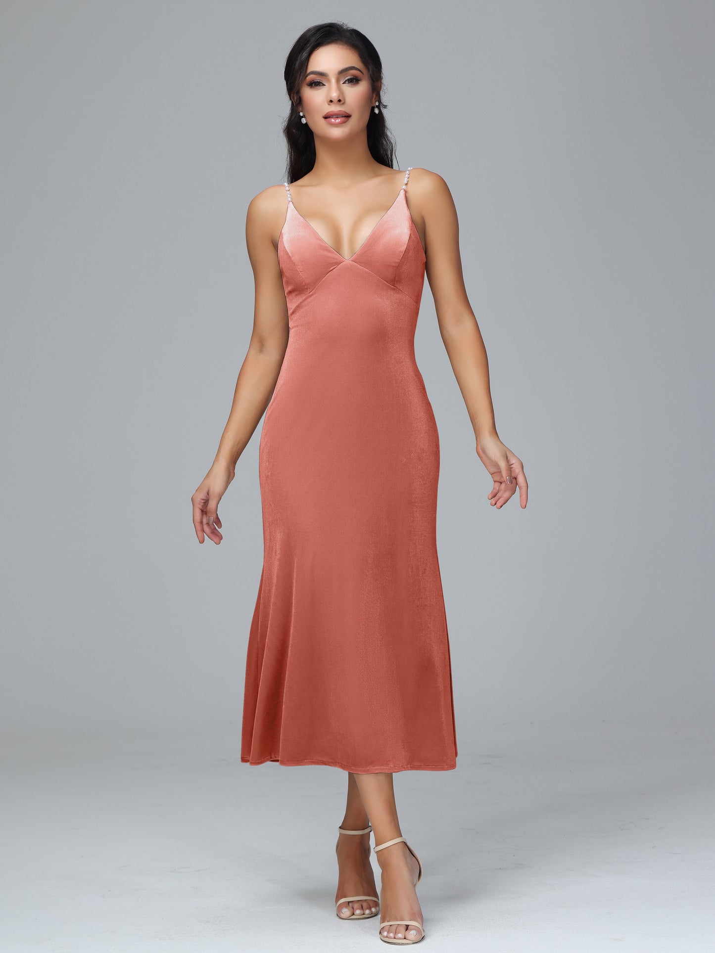 V Neck Spaghetti Straps Plus Size Velvet Bridesmaid Dress