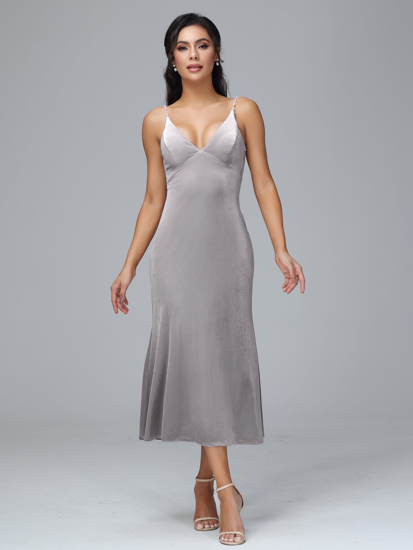 V Neck Spaghetti Straps Velvet Bridesmaid Dress