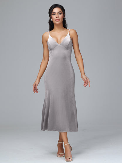 V Neck Spaghetti Straps Velvet Bridesmaid Dress