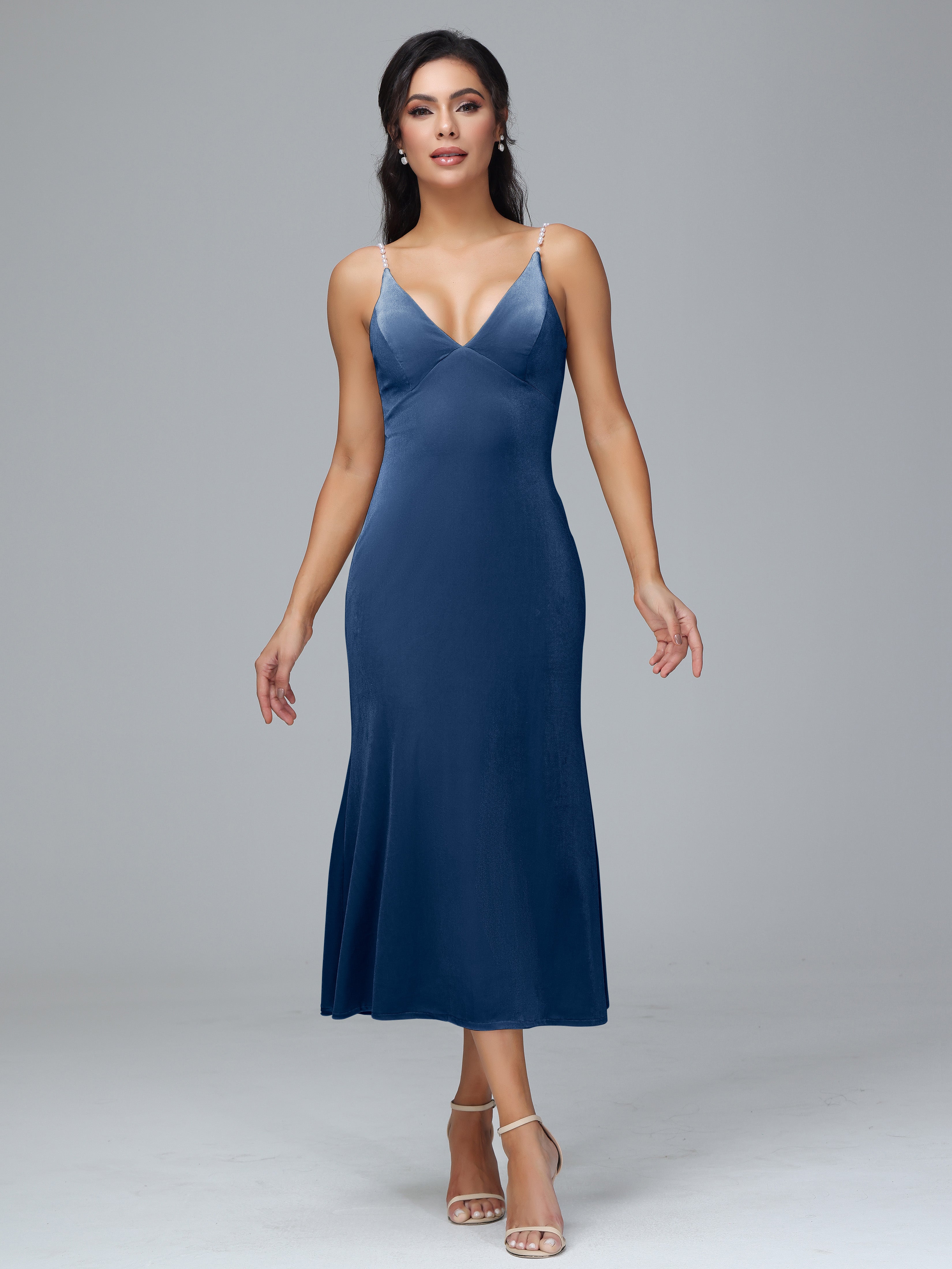 V Neck Spaghetti Straps Velvet Bridesmaid Dress