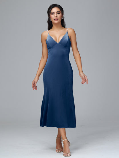 V Neck Spaghetti Straps Velvet Bridesmaid Dress