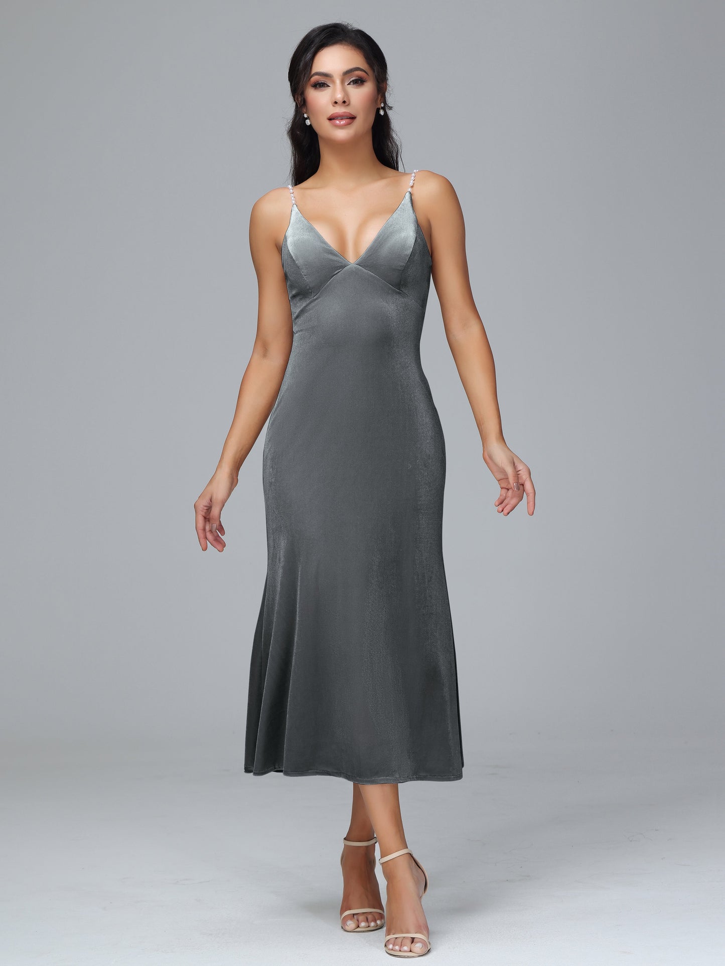 V Neck Spaghetti Straps Plus Size Velvet Bridesmaid Dress