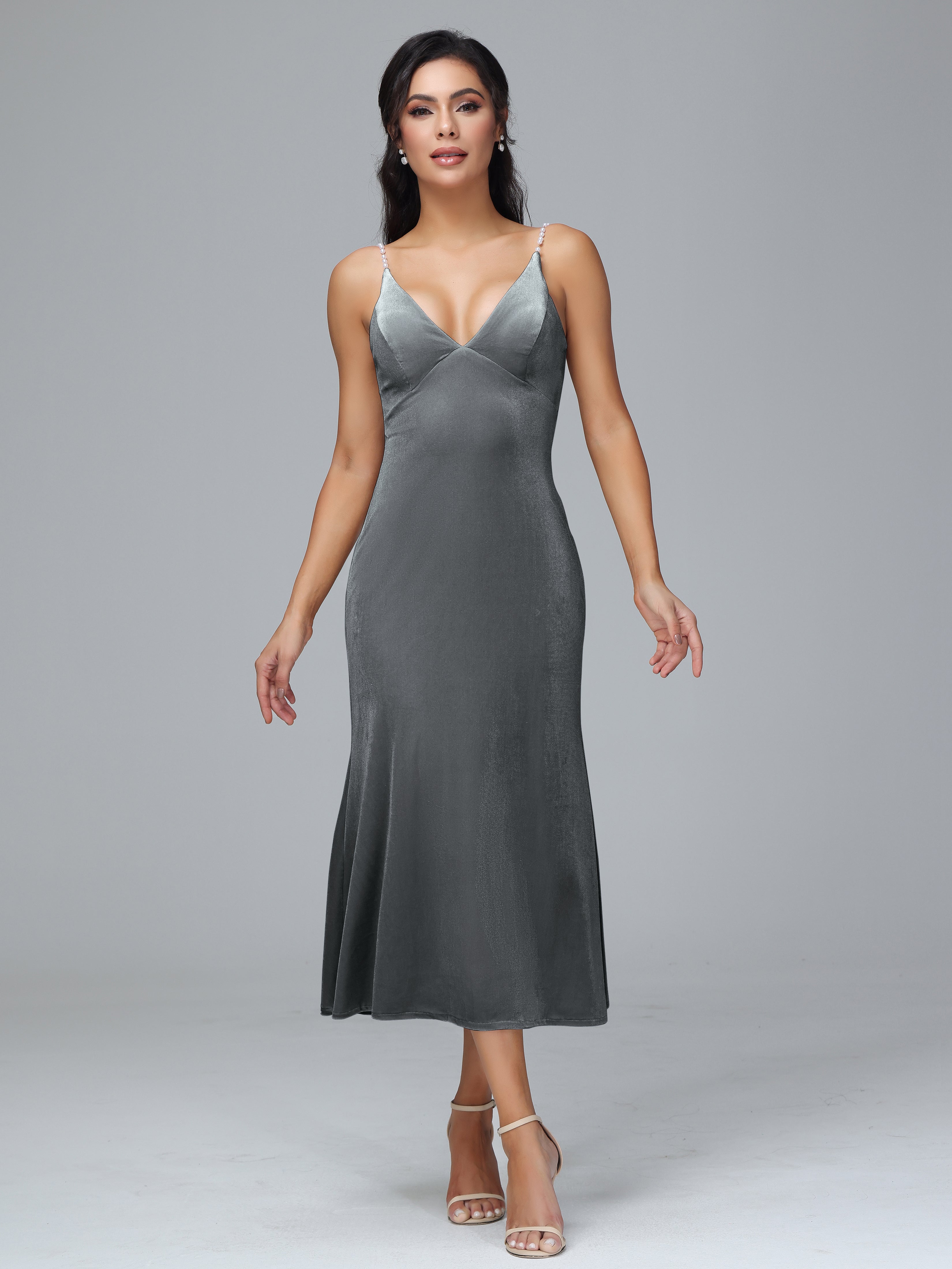 V Neck Spaghetti Straps Plus Size Velvet Bridesmaid Dress