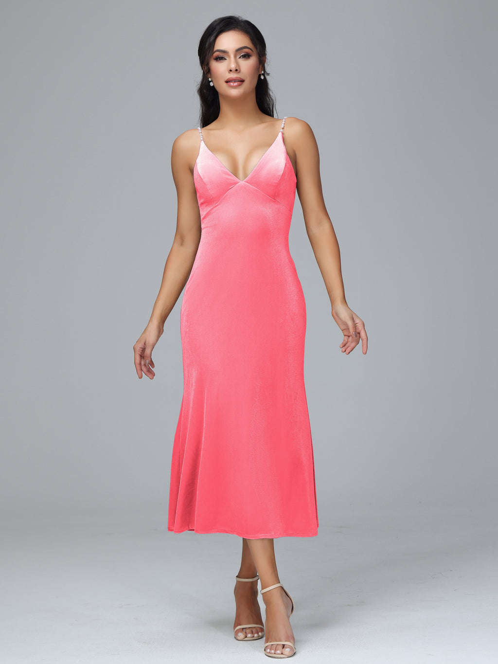 V Neck Spaghetti Straps Velvet Bridesmaid Dress