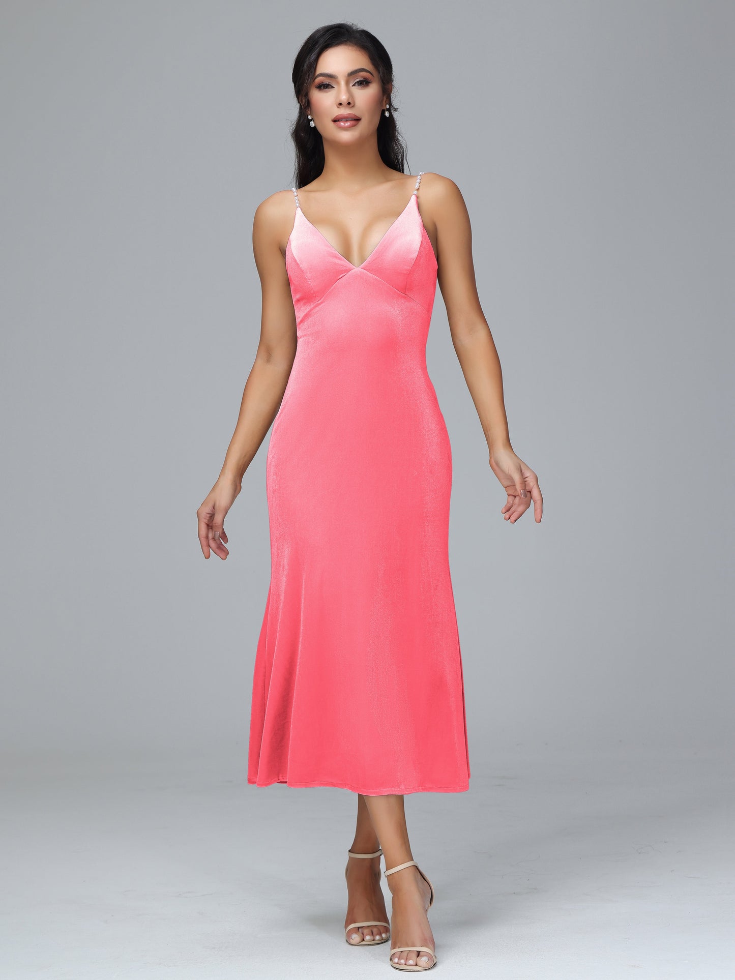V Neck Spaghetti Straps Velvet Bridesmaid Dress