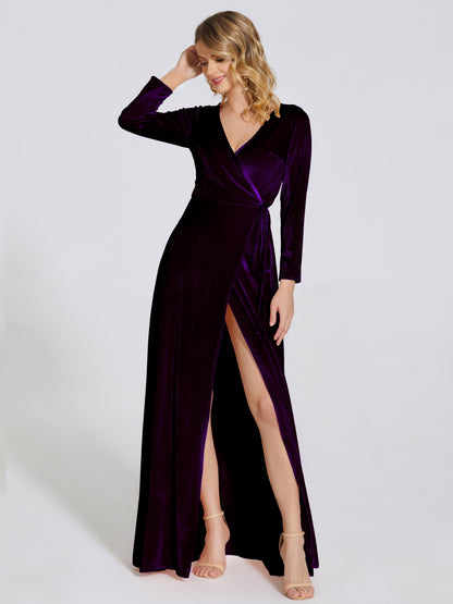 Leila V Neck Velvet Bridesmaid Dress With Sleeves